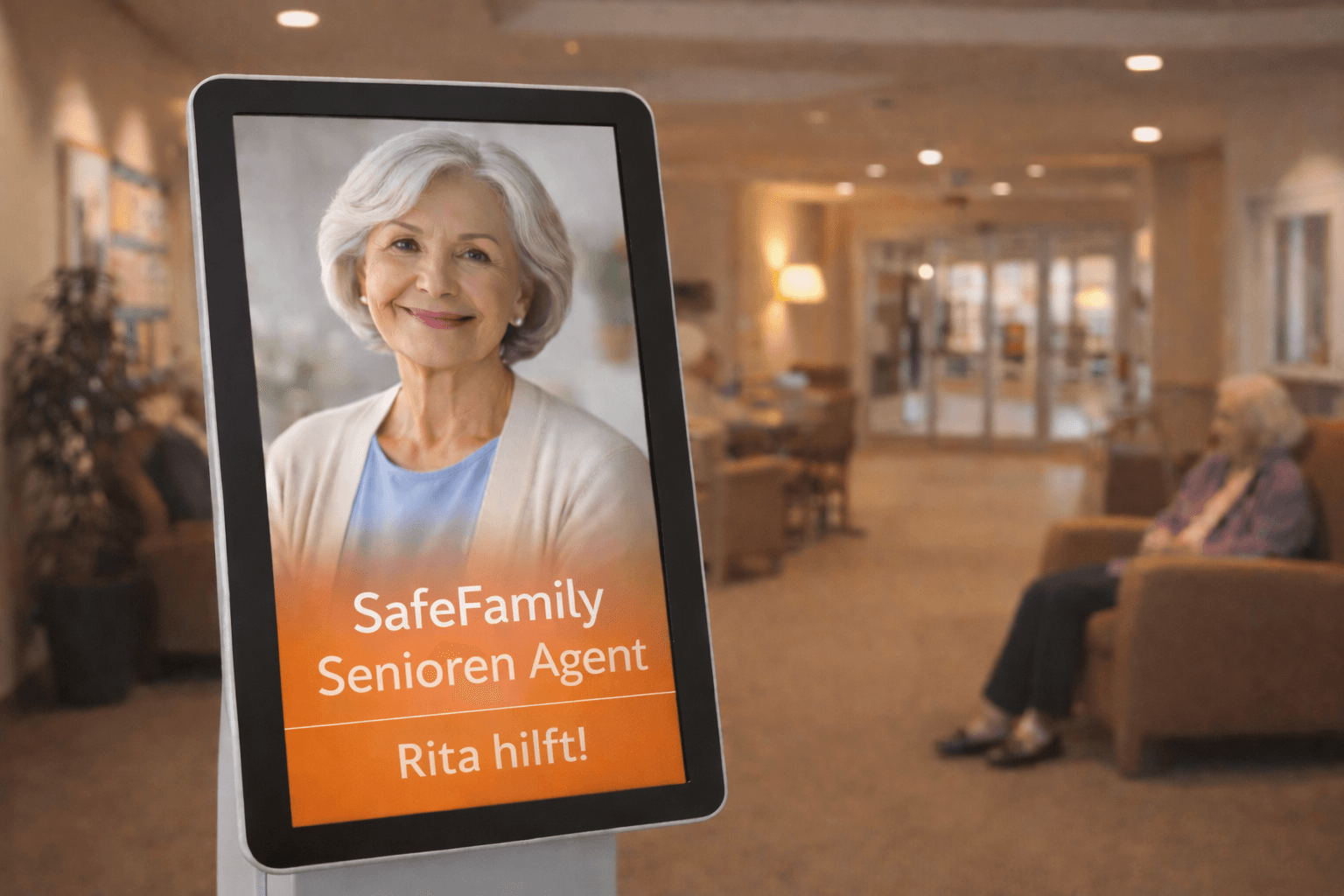 SafeFamily Senioren Terminal mit Rita im Foyer eines Seniorenheims
